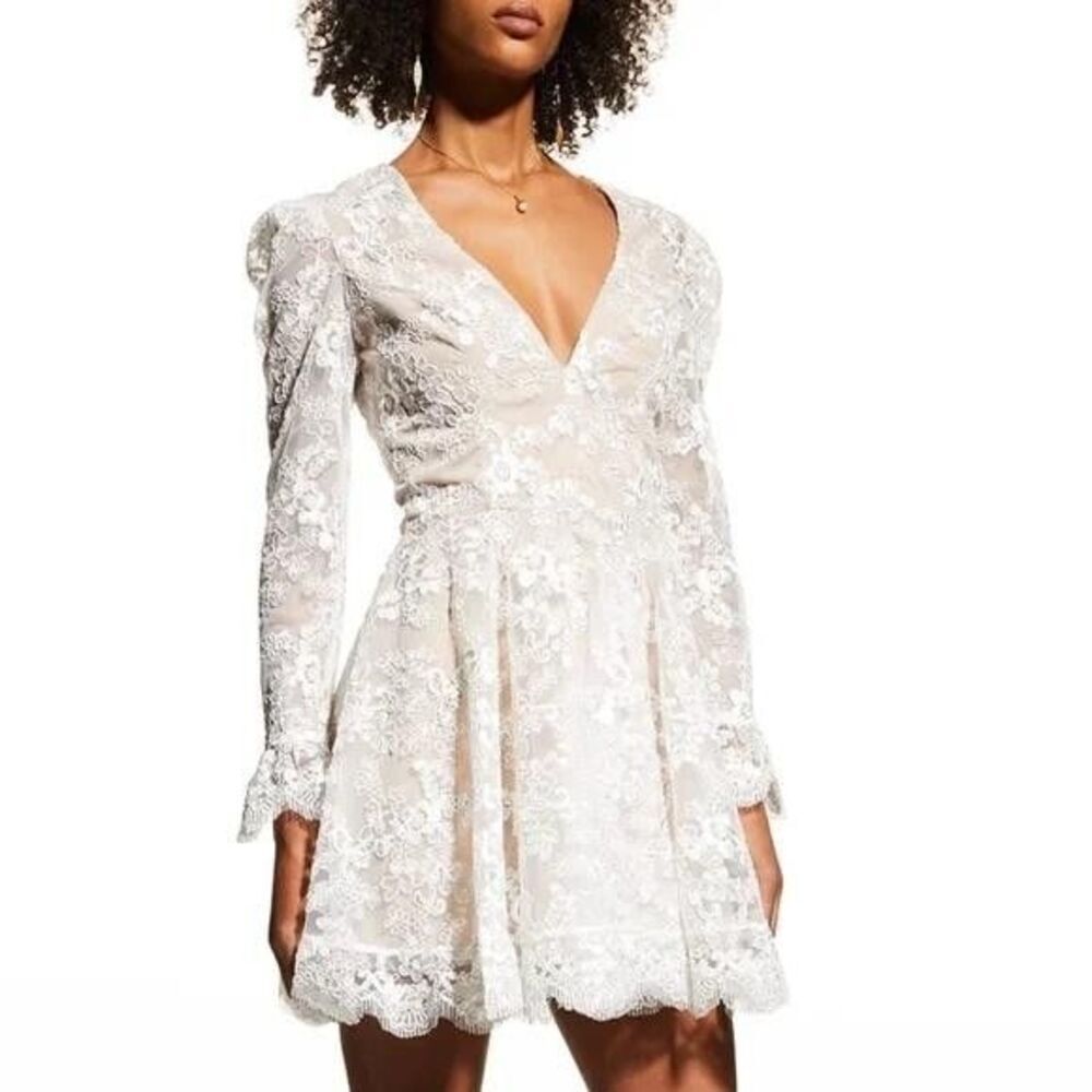 Helsi Dress Womens Medium White Lace Floral Fit Flare Long Sleeve Mini V Neck